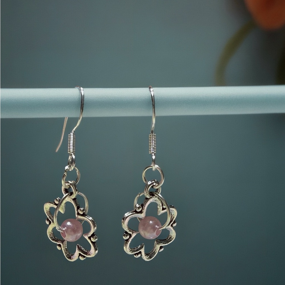 Hand Crafted Silver Flower Drop Earrings with Pink Centers - Picture 7 of 7